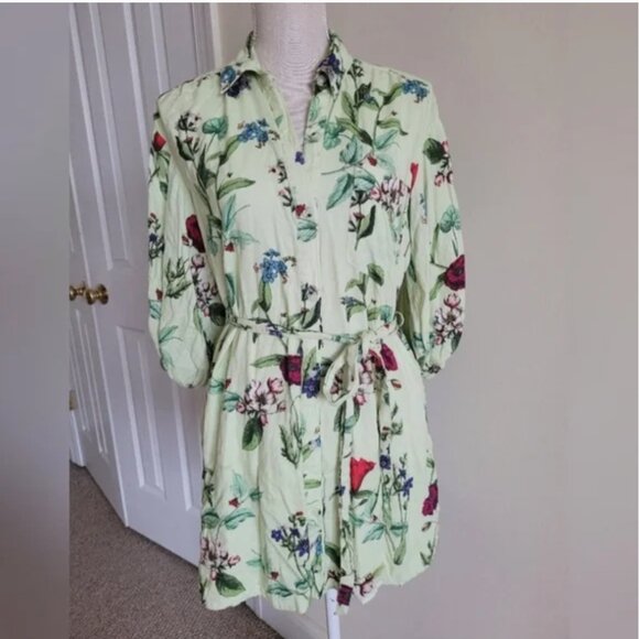 Anthropologie Mini Shirt Linen Green Floral Dress size 2X - Picture 1 of 5